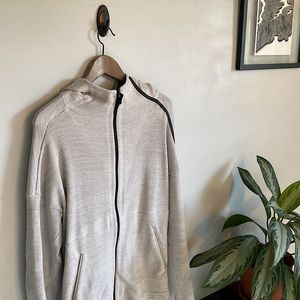 Men’s hooded, zip up sweater, gray with black trim, athletic, medium